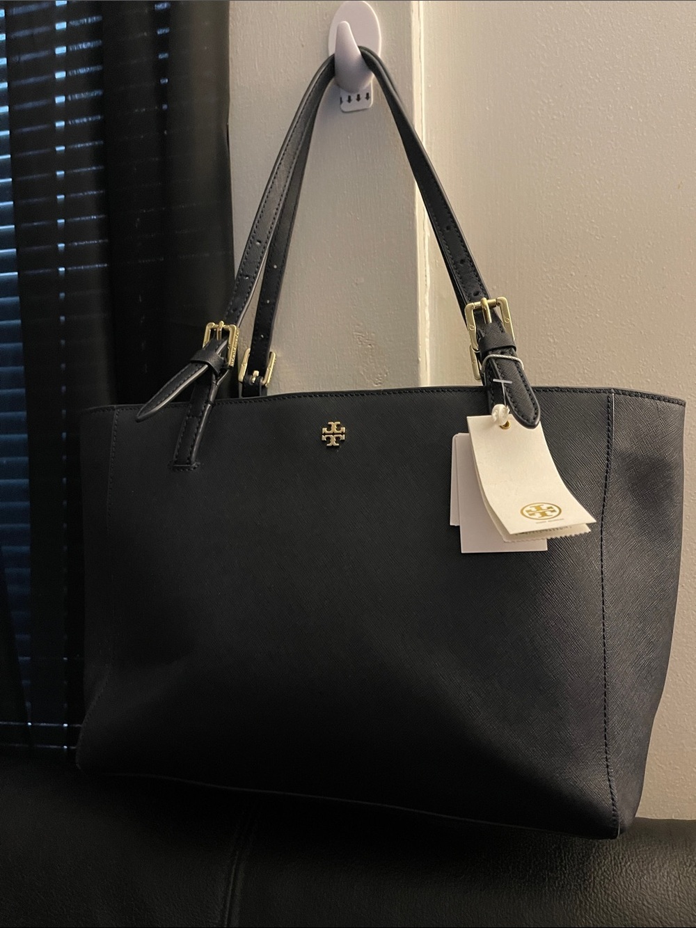 Tory Burch York Small Buckle Navy Blue Tote with Gold Accents